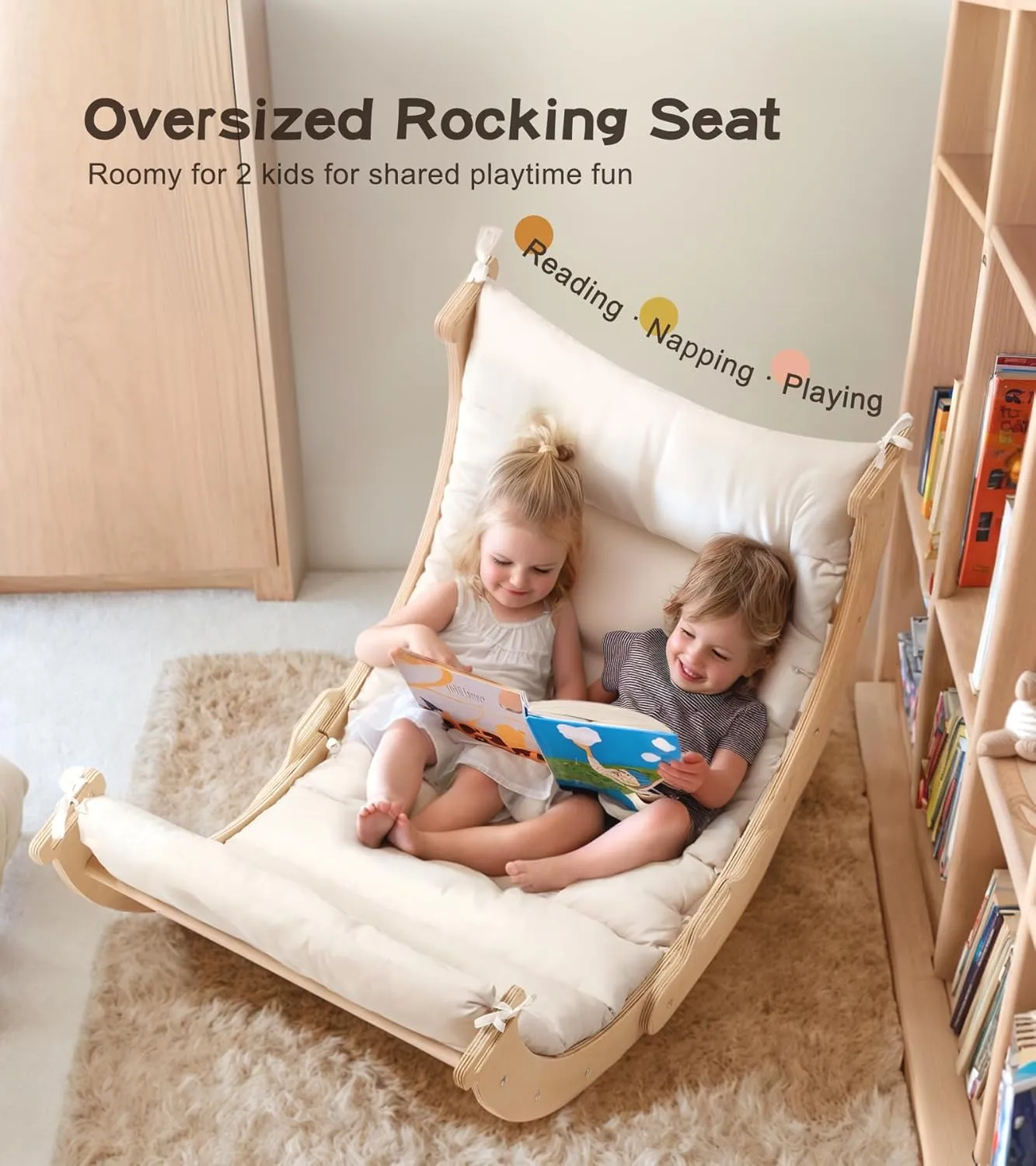 3-in-1 Montessori Wooden Arch Climber with Cushion, Toddler Climbing Toys Indoor, Toddler Rocker with Cushion, Baby Wooden Play Gym with Hanging Toys, Indoor Playground for Kids, 132 lbs Load Capacity