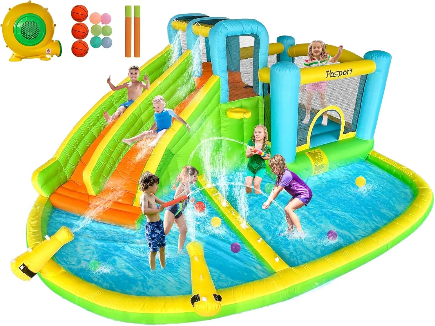 FBSPORT Inflatable Bounce House Double Slide，Water Slide Park Castle w/ Water Gun，Climbing Wall，Jumping & Splash Pool，Kids Bouncy Castle w/ 550W Air Blower Outdoor Backyard，Yellow Green-double Slide