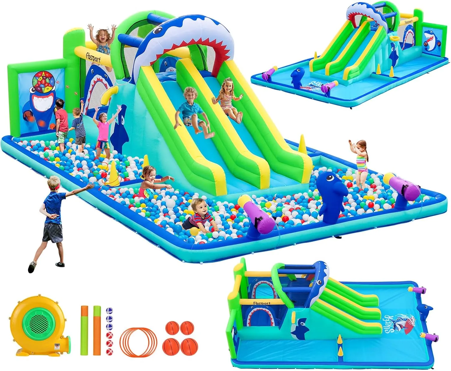 FBSPORT Inflatable Bounce House Water Slide Park, Double Slide Bouncer Castle with 550W Air Blower, Climbing Wall, Jumping Area, Toss Rings, Basketball, Splash, Bouncy House for Backyard Outdoor