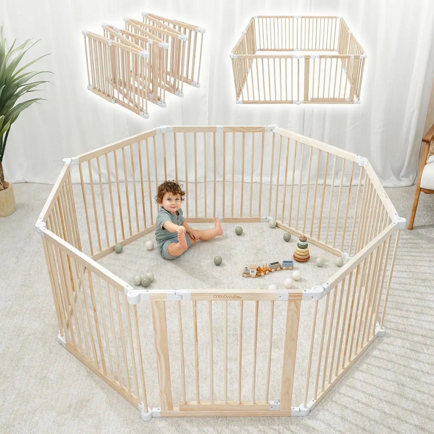 Comfy Cubs Baby Playpen & Baby Gate for Toddler and Babies, Foldable Wooden Large Shape & Size Adjustable Playard, Play Fence with Locking Gate Activity Center, Toddler Fence Play Area Indoor