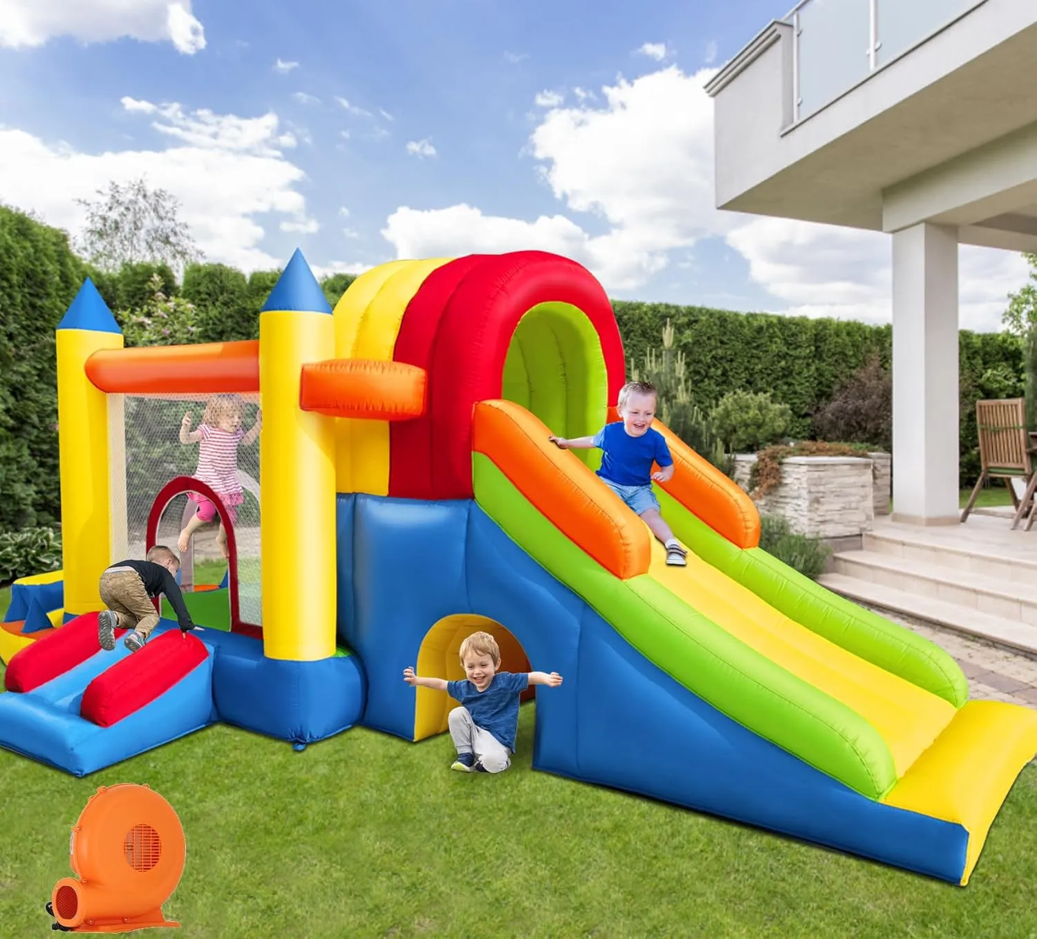 Hongcoral Inflatable Bounce House, 8 in 1 Large Bounce Castle with Blower for Kids and Toddlers, Outdoor Indoor Backyard Inflatable Bouncers with Two Slides