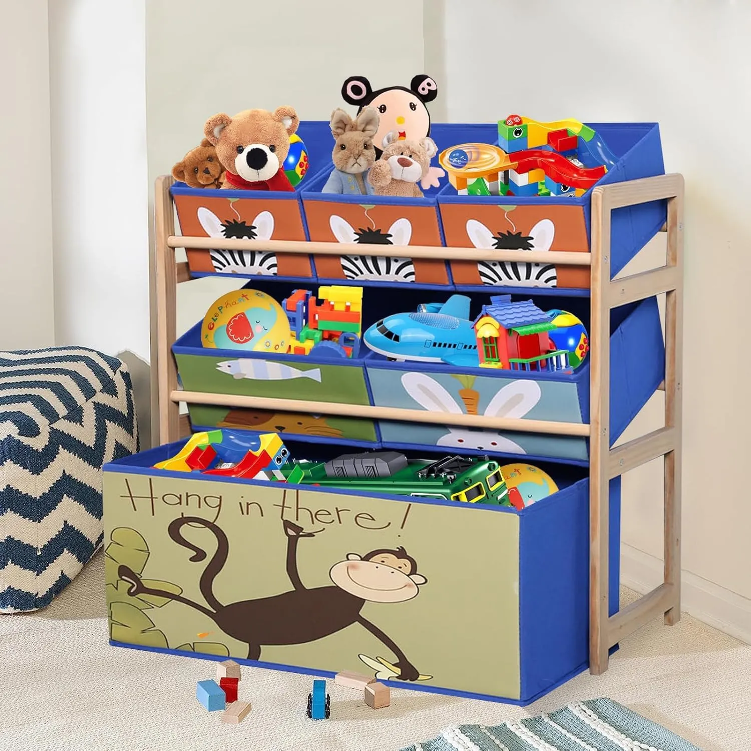 FALAHOM 3-Layer Solid Wood Toy Storage Cabinet with Bookshelf,for Kids' Playroom Essentials,with 6 Detachable Storage Bins Extra Large Capacity for Playroom, Nursery and Kids Room (Monkey)