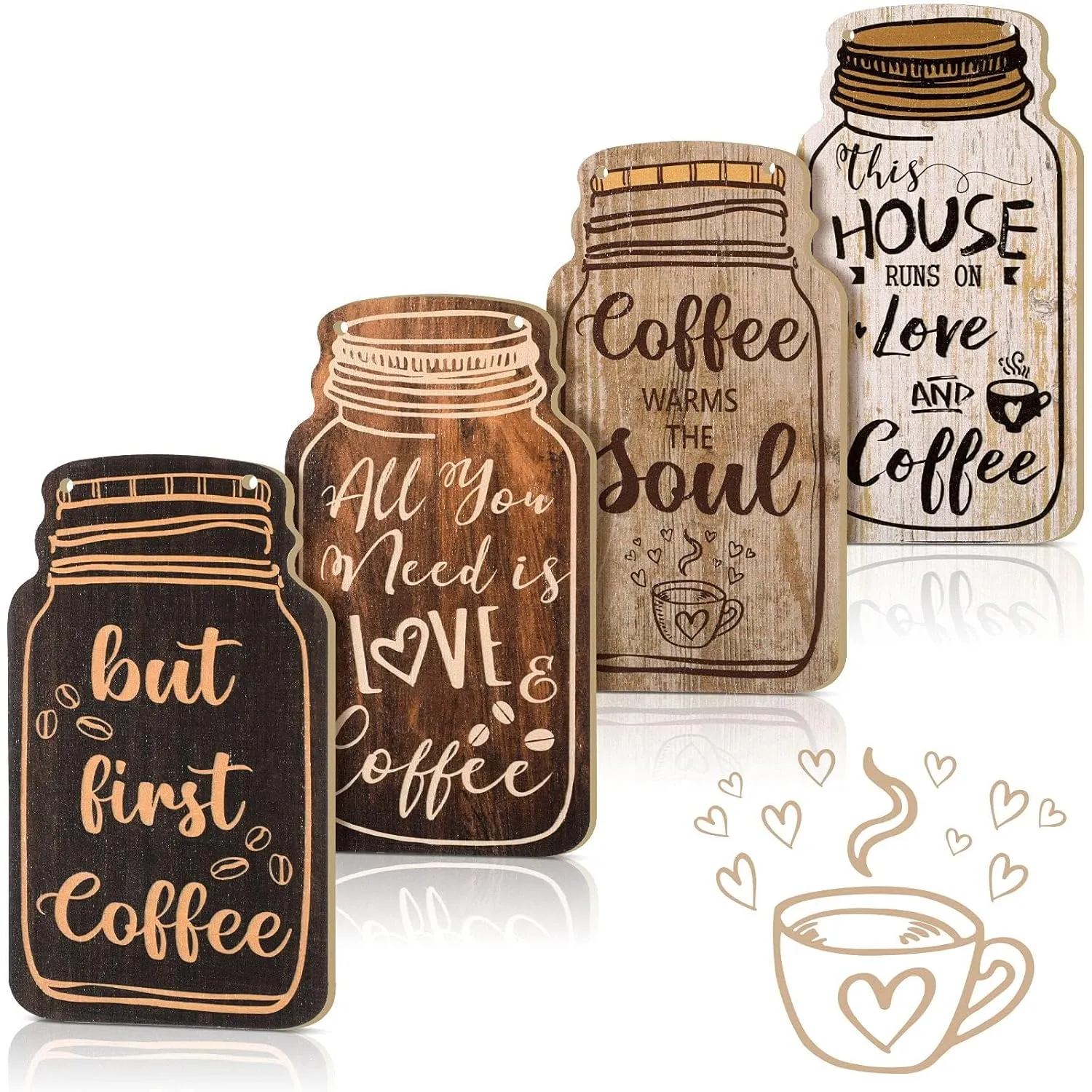 Azonee 4 PCS Coffee Bar Sign Wall Decor, Farmhouse Wood Coffee Sign Hanging Plaques for Kitchen, But First Coffee Wall Art for Tier Tray and Countertop Decoration