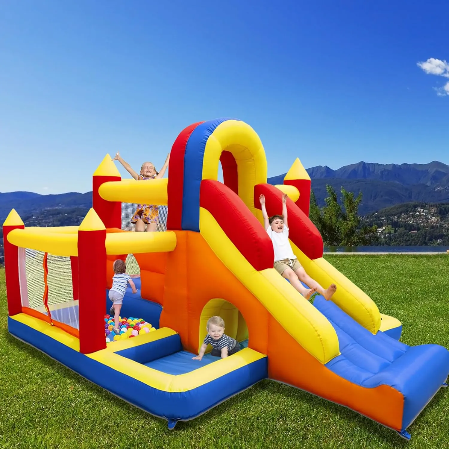 Ballsea Bouncy Castle with Blower - Indoor XXL Children's Paradise with Slide, Safety Net, EN71 Certified, for 3-8 Years