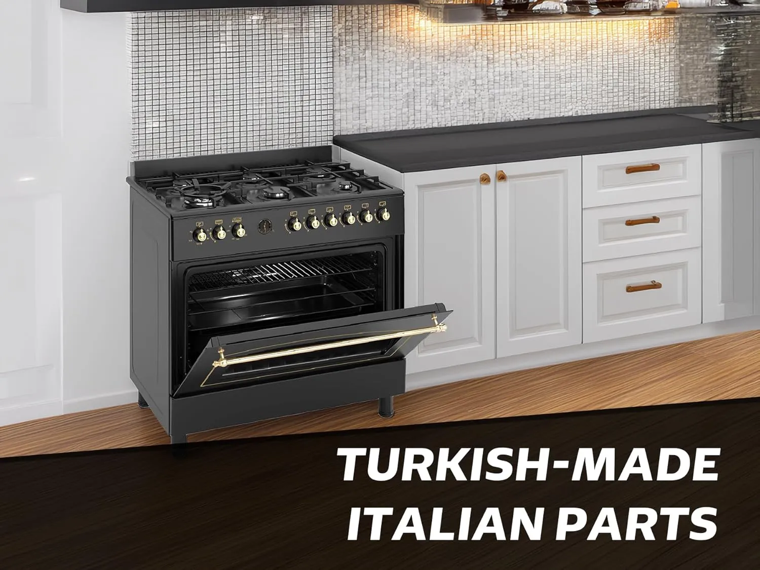 General Gold 90x60 cm Freestanding Gas Cooker 6 Burner, Dual Wok, Automatic Ignition, Gas Oven, Grill with Triple Glass Door, Full FFD Safety, Rotisserie, Cooling Fan, Heavy Duty Cooking Range Stove