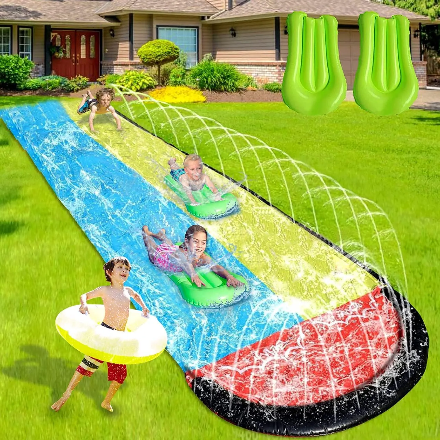 ELECDON Lawn Water Slides for Kids Adults, Lane Slip, Splash & Slide for Backyards, Water Slide Waterslide with 2 Boogie Boards, 15.7FT 2 Sliding Racing Lanes with Sprinklers, Durable PVC Construction