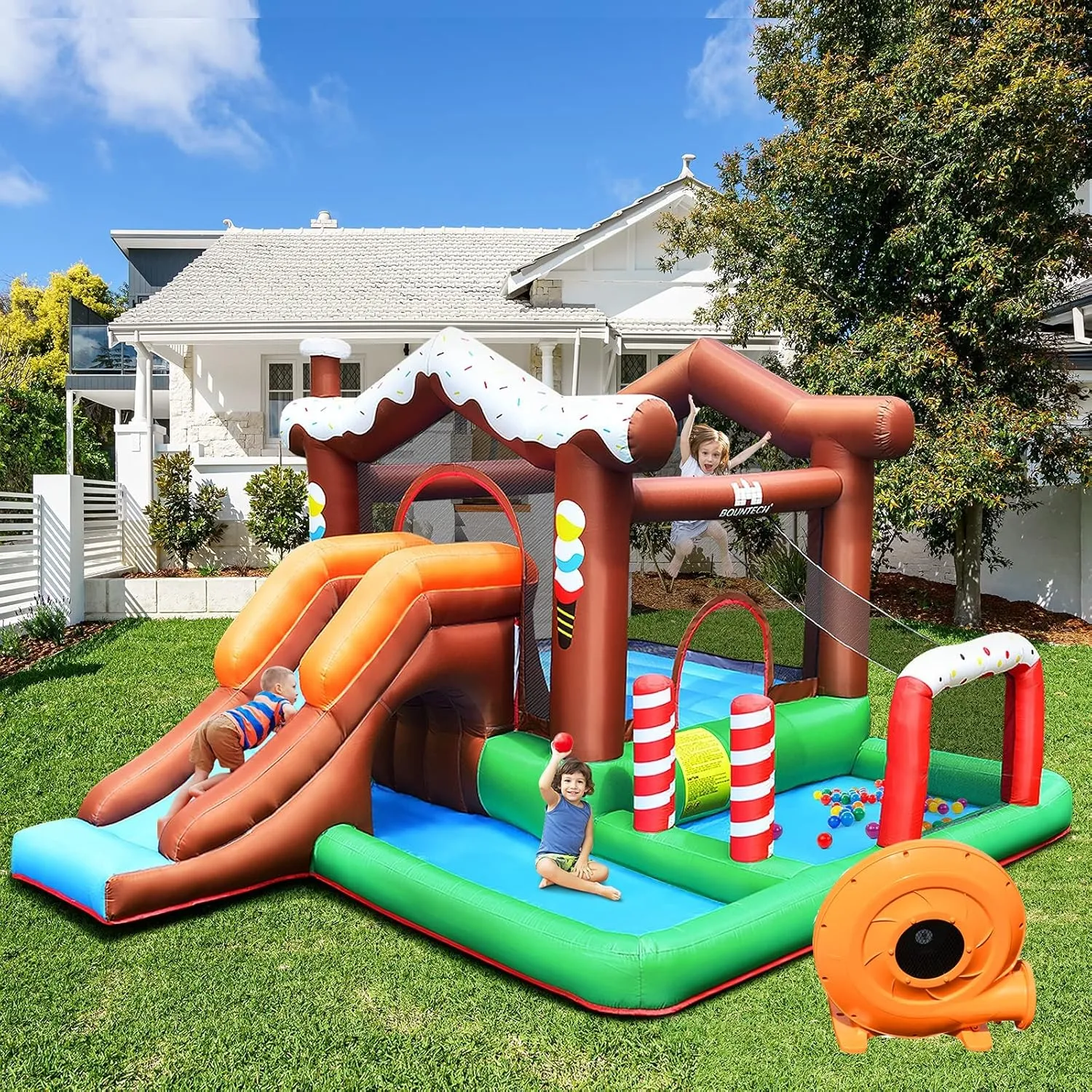GLACER House Shape Inflatable Kids Bounce Castle, Portable Backyard Water Slide Park, Indoor Outdoor Wet Dry Combo Bouncy House w/Splash Pool & Climbing Wall (with 480W Blower)