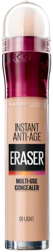 maybelline concealer instant anti age eraser eye concealer, dark circles and blemish concealer, ultra blendable formula 01 light