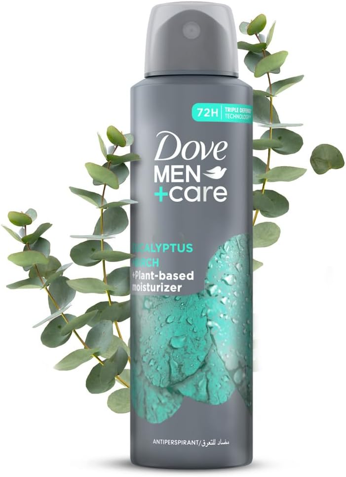 dove men + care men+care antiperspirant deodorant spray, eucalyptus & birch, plant based moisturizer, 72h protection, 150ml