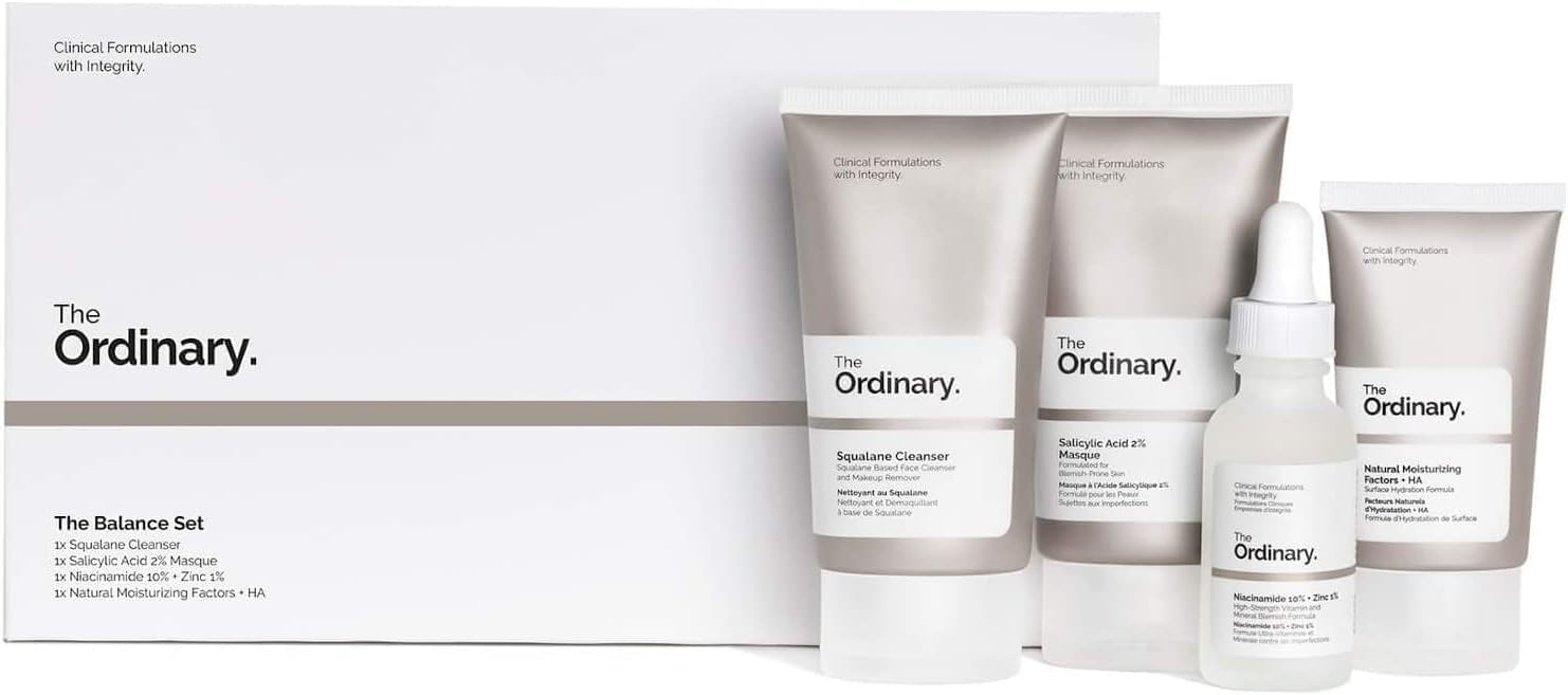 the ordinary the balance set â€“ beauty set, skincare set, gift set with squalane cleanser, salicylic acid 2% masque, niacinamide 10% and zinc 1% and natural moisturizing factors and ha (4 piece set)