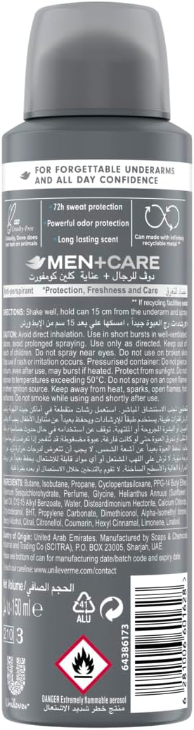 dove men + care antiperspirant deodorant body spray, clean comfort, triple defense technology, 72h protection, 150ml