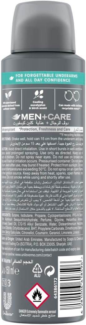 dove men + care men+care antiperspirant deodorant spray, eucalyptus & birch, plant based moisturizer, 72h protection, 150ml