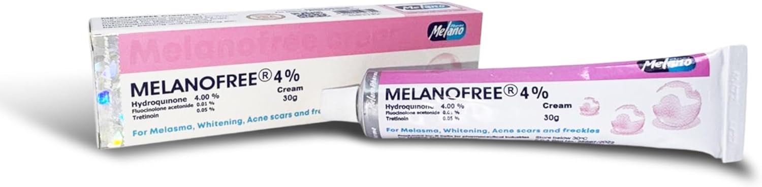 melanofree, 4% cream for melasma, whitening, acne scars & freckles powerful formula with hydroquinone 4.0%, fluocinolone acetonide 0.01%, tretinoin 0.05% skin brightening treatment, 30g
