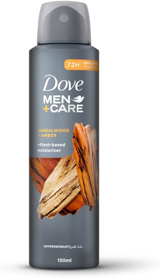 dove men + care antiperspirant deodorant spray, sandalwood & amber, plant based moisturizer, triple defense technology, 72h protection, 150ml