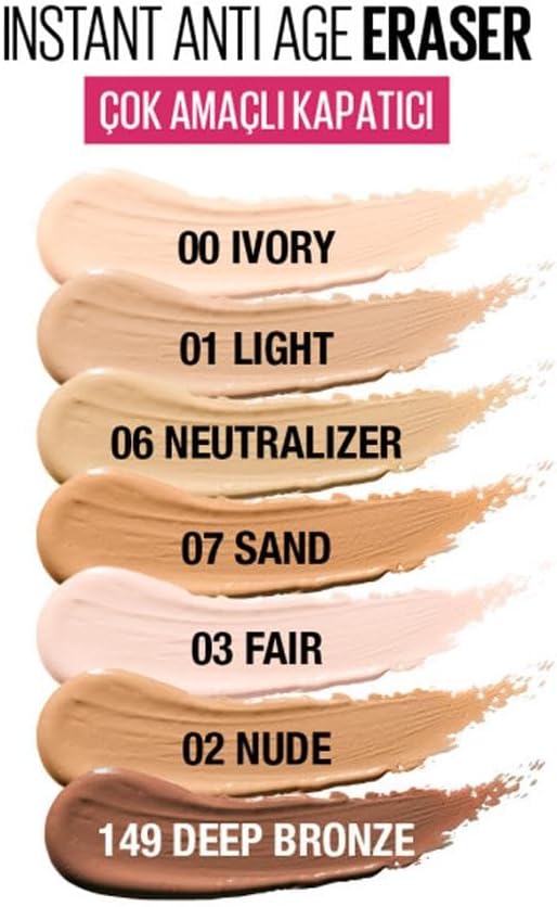 maybelline concealer instant anti age eraser eye concealer, dark circles and blemish concealer, ultra blendable formula 01 light