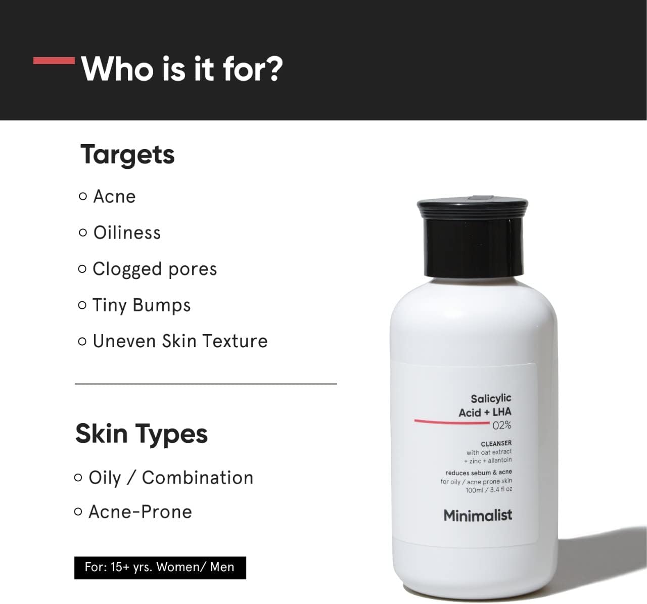 minimalist 2% salicylic acid face wash for oily, acne prone skin (100 ml) | sulphate free, anti acne face cleanser with lha & zinc for men & women