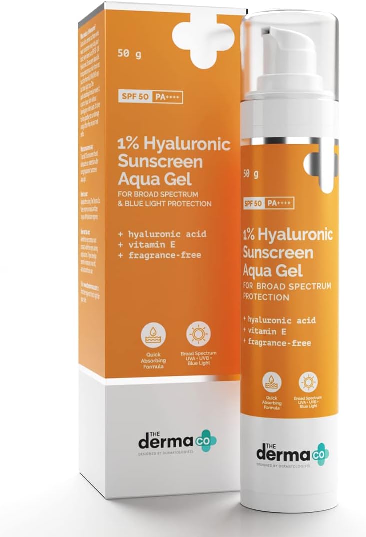 the derma co hyaluronic sunscreen aqua ultra light gel with spf 50 pa++++ for broad spectrum, uv a, uv b & blue light protection for oily skin 50g(dermaco), pack of 1