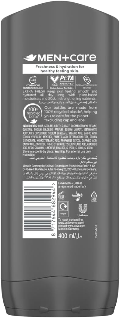 dove men+care refreshing cleanser, extra fresh, 3in1, for clean face, body and hair, with 24h nourishing micromoisture technology, 400ml