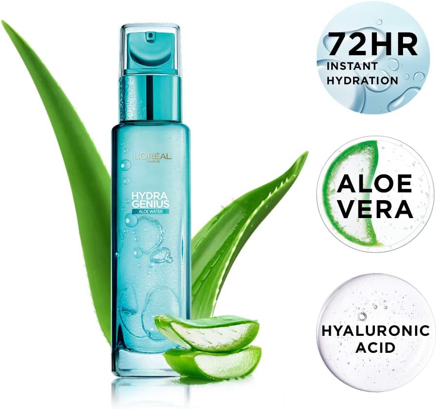 l'oréal paris, liquid moisturiser, hydrating for up to 72 hours, hydra genius aloe water, 70 ml