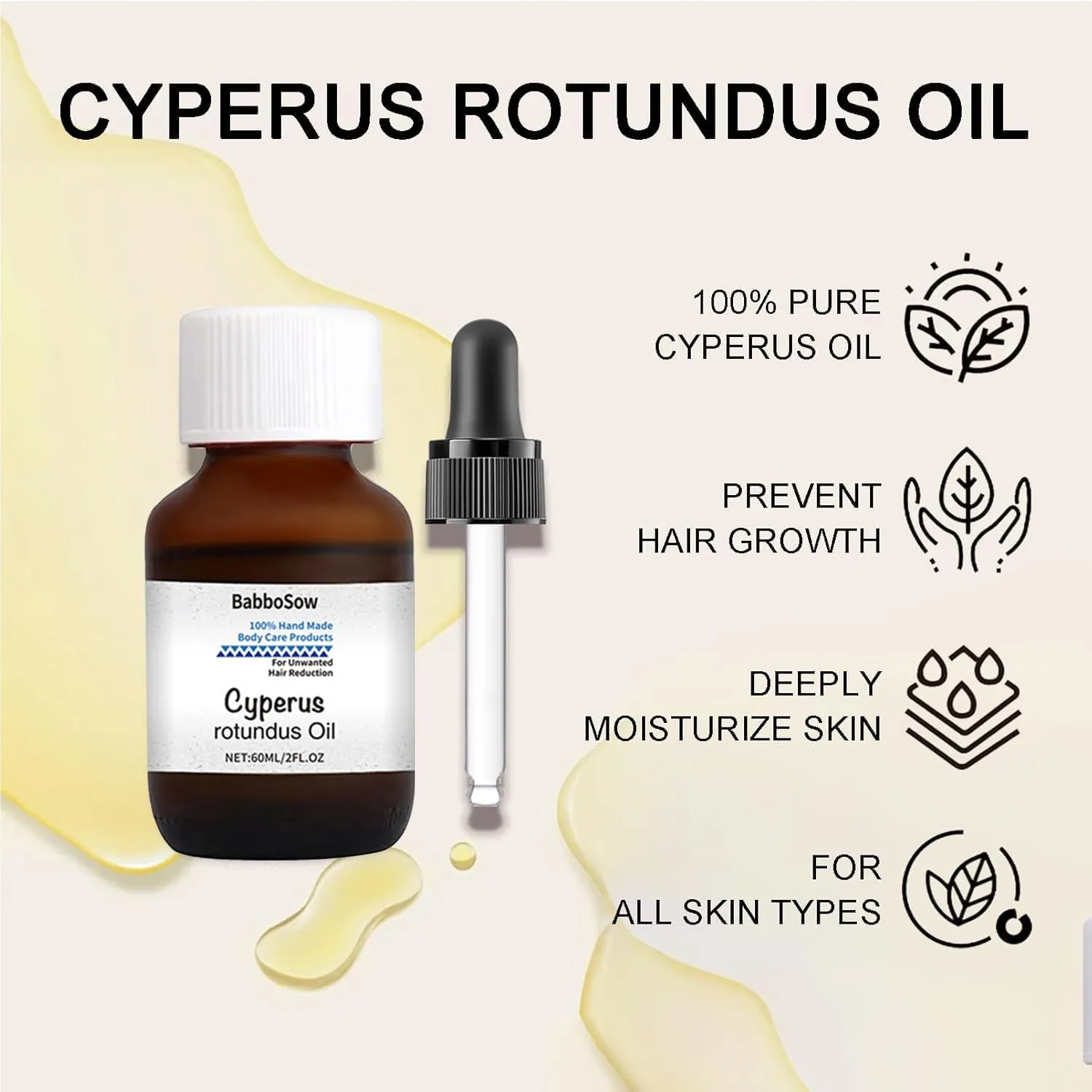 Nigwedete Cyperus Rotundus Oil Organic (60ml), Cyperus Oil 100% Natural Nut Grass Oil for Reducing Body Hair Growth, Smooth Skin & Hair Removal, Moisturizing & Soothing