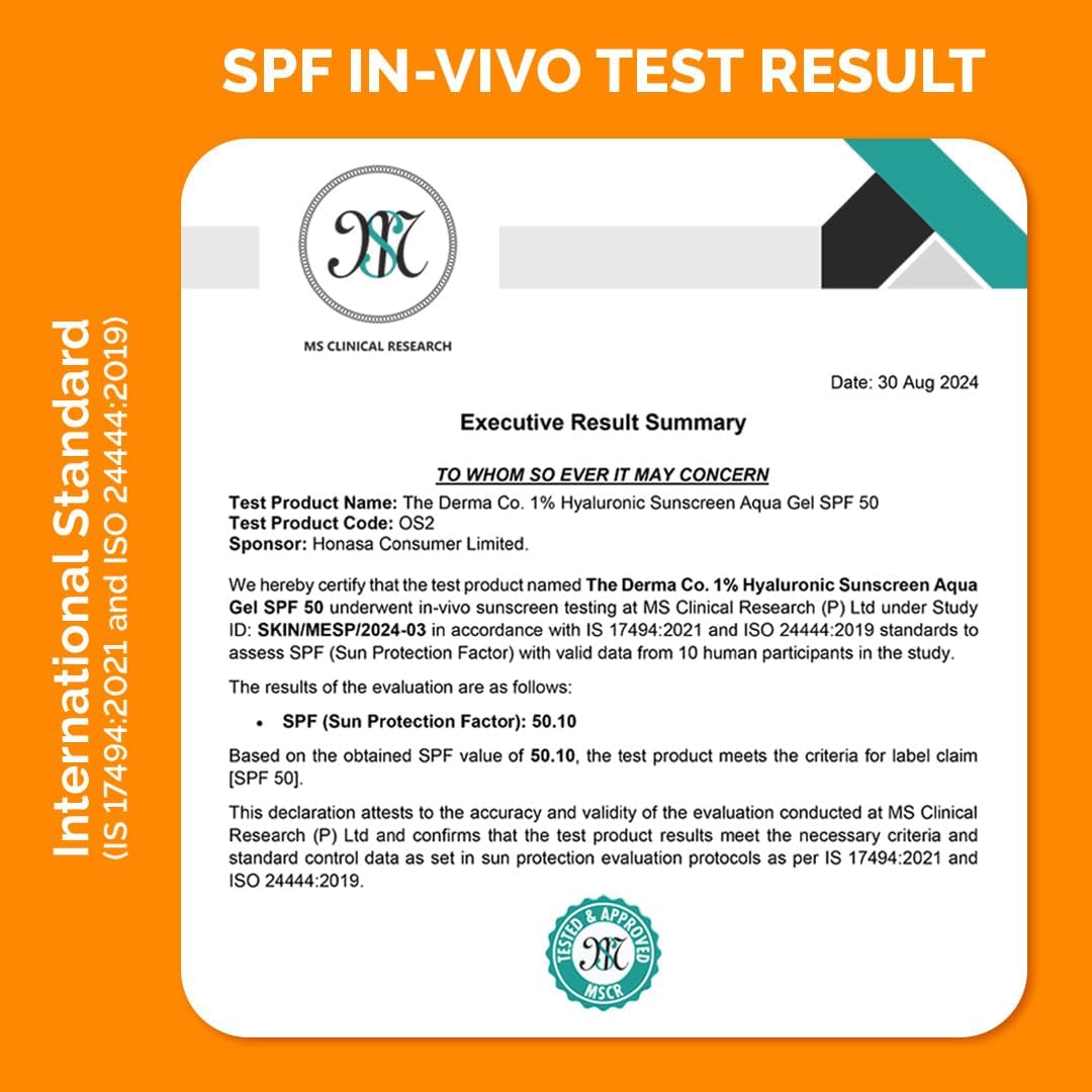 the derma co hyaluronic sunscreen aqua ultra light gel with spf 50 pa++++ for broad spectrum, uv a, uv b & blue light protection for oily skin 50g(dermaco), pack of 1