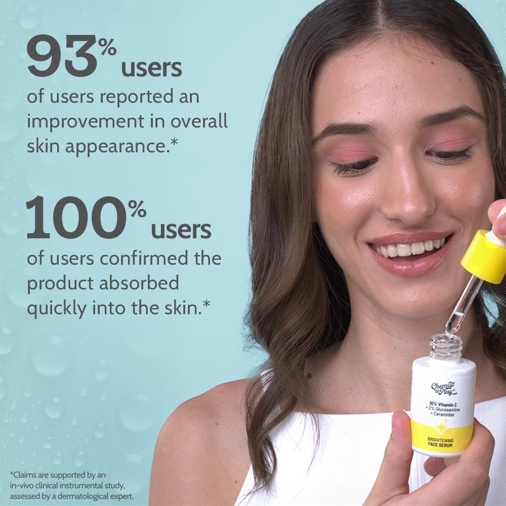 chemist at play 10% vitamin c face serum |brightens & gives glow |fades dark spots |treats hyperpigmentation| balances melanin production | ethyl ascorbic acid & glucosamine | for all skin types 30ml
