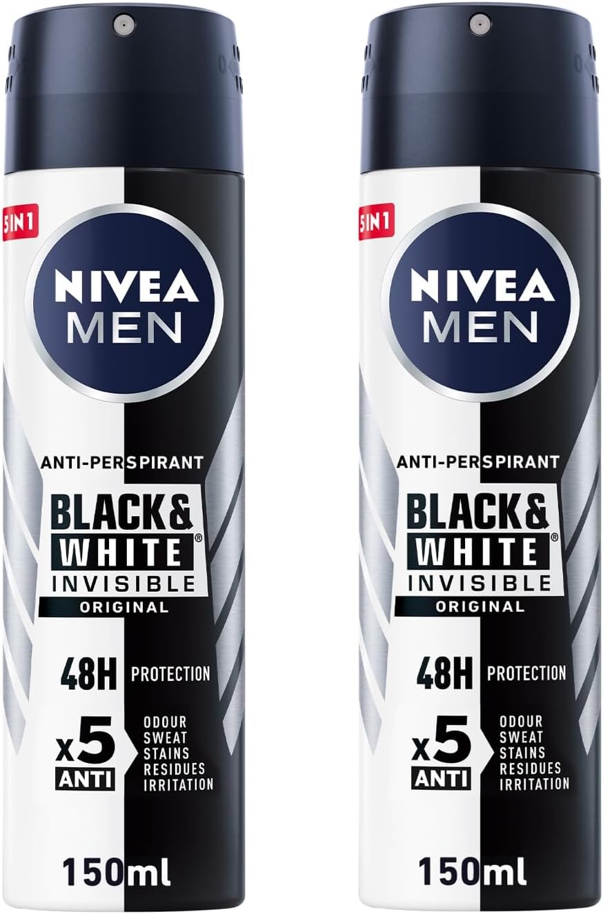 nivea men antiperspirant spray for men, black & white invisible protection original, 2x150ml
