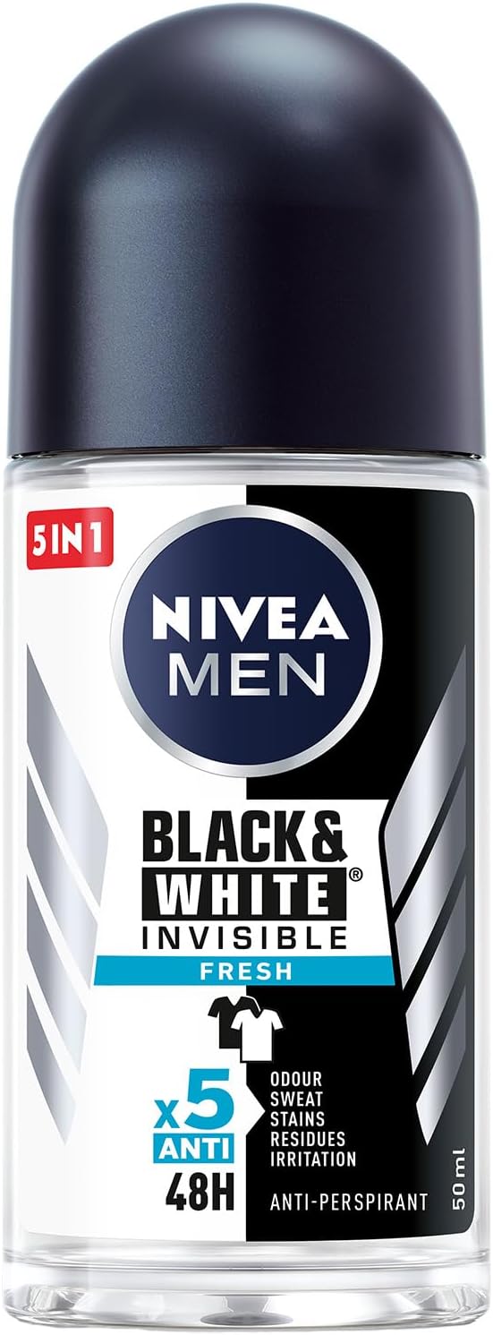 nivea men antiperspirant roll on for men, black & white invisible protection fresh, 2x50ml