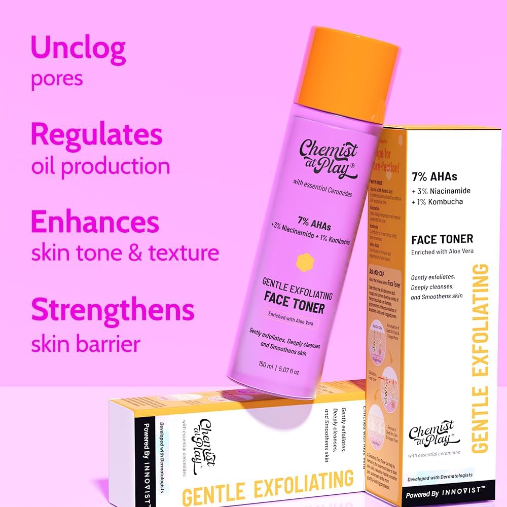 chemist at play glycolic acid face toner for gentle exfoliation & skin hydration | formulated with 7% aha, 3% niacinamide & 1% kombucha | 150ml