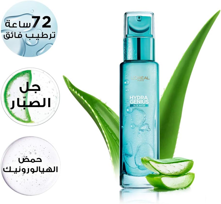 l'oréal paris, liquid moisturiser, hydrating for up to 72 hours, hydra genius aloe water, 70 ml