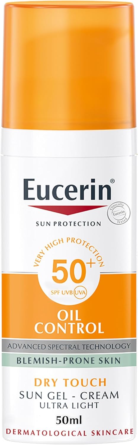 eucerin face sunscreen oil control gel cream dry touch, high uva/uvb, spf 50+, light texture sun protection, suitable under make up, for blemish prone skin, 50ml