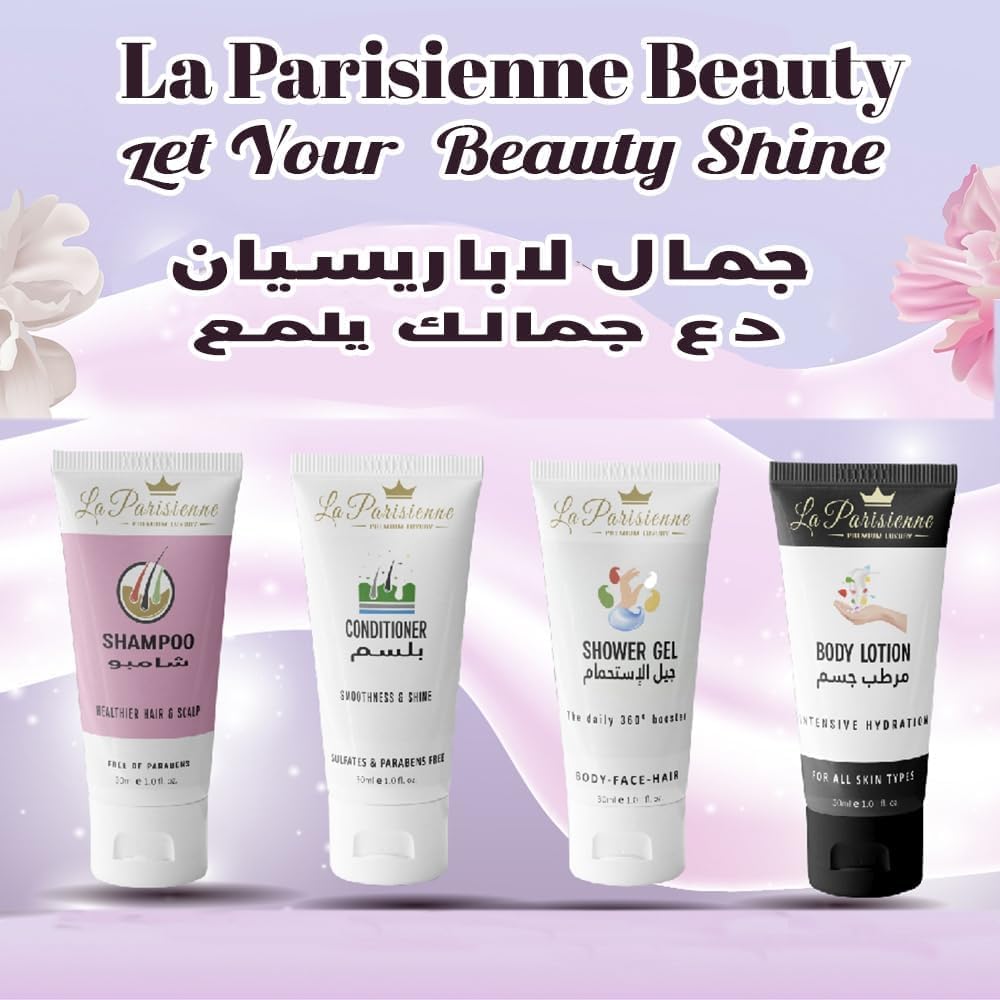 la parisienne premium luxury travel gold box, 30ml pack of 5 tubes (shampoo, conditioner, shower gel, body lotion & hand sanitizer) all skin types | unisex gift hamper for all festive occasions.