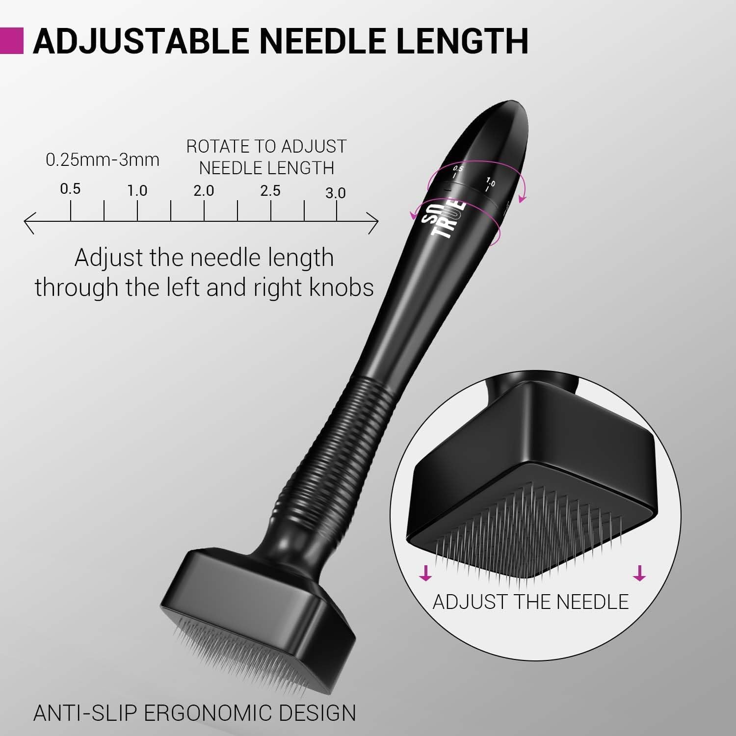 sotrue derma microneedling stamp for hair growth | stainless steel coated adjustable needles 0.25mm to 3mm | 140 microneedling stamp for skin repair, face, hair & beard growth | reduces acne scars |