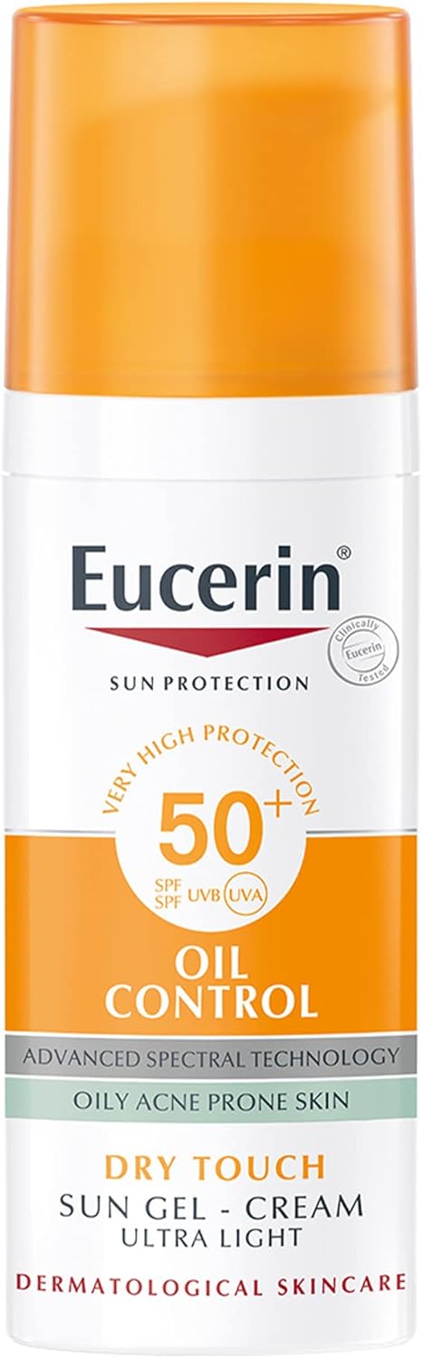 eucerin face sunscreen oil control gel cream dry touch, high uva/uvb, spf 50+, light texture sun protection, suitable under make up, for blemish prone skin, 50ml