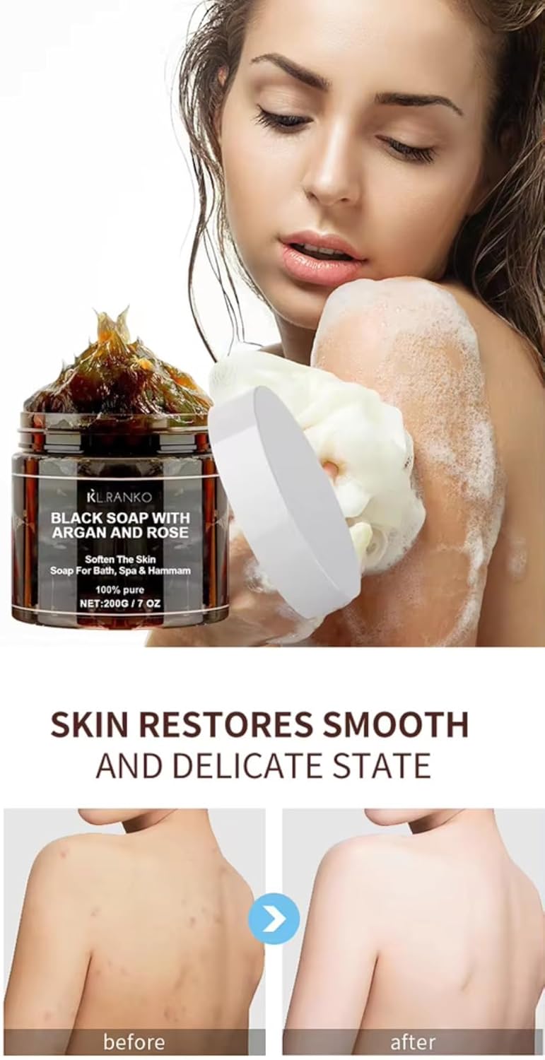 zeskem argan black soap, moroccan black soap with argan and rose, body exfoliator scrub, body cleansers natural ingredients for soothing and nourishing skin