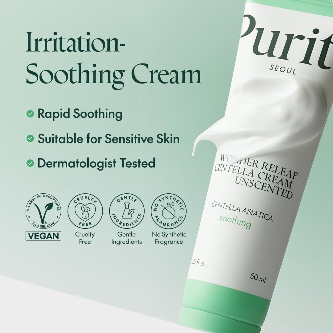 purito centella unscented cream, korean centella, for all skin types, soothing, facial cream for face, k beauty, korean skin care, 50 ml 1.7 fl.oz