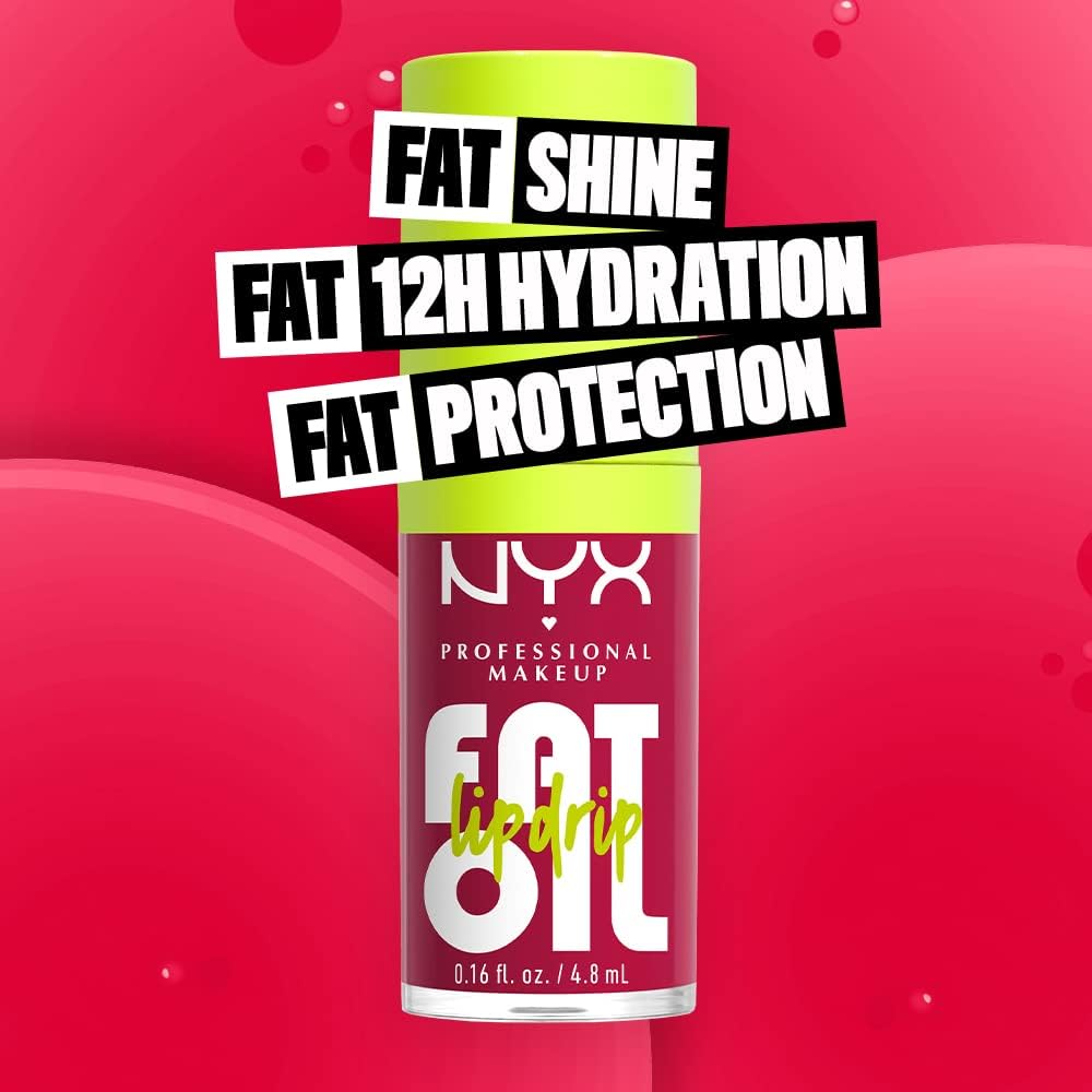 nyx professional makeup fat oil lip drip, moisturizing, shiny, vegan tinted lip gloss, non sticky finish, 12h hydration, squalane, raspberry and cloudberry oils newsfeed (rose nude)