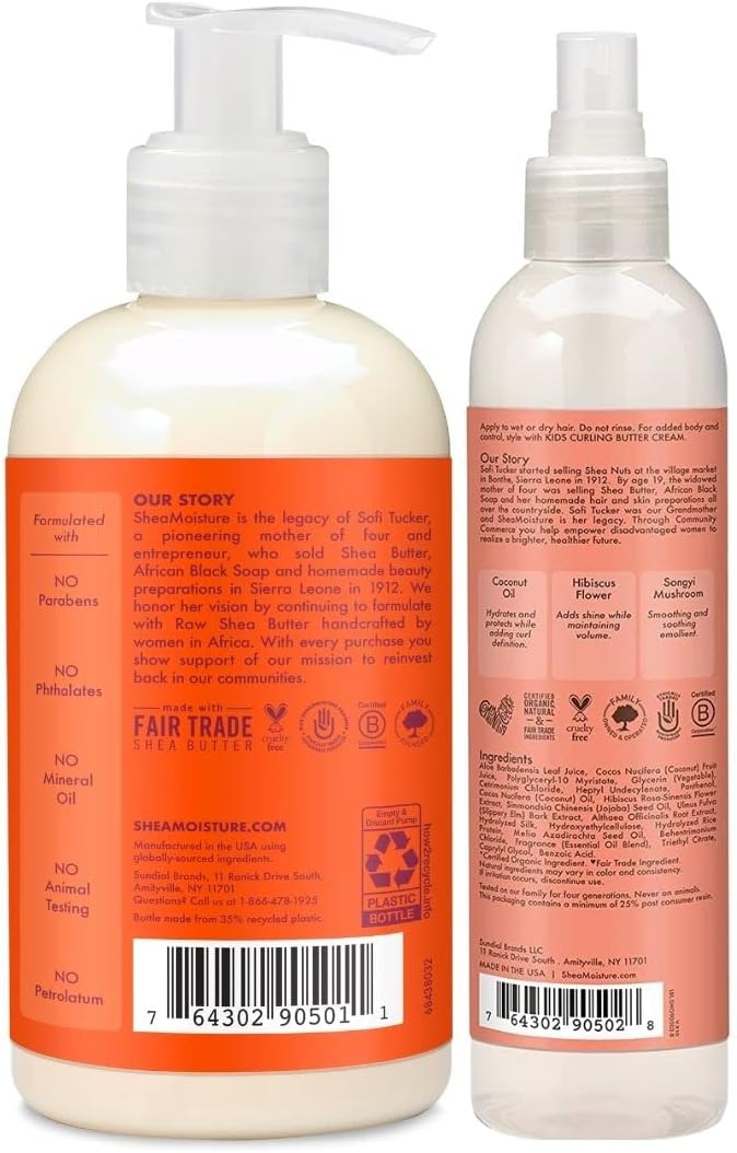 shea moisture kids hair care combination pack includes mango & carrot 8oz kids extra nourishing shampoo, 8oz kids extra nourishing conditioner, and 8oz coconut & hibiscus kids detangler