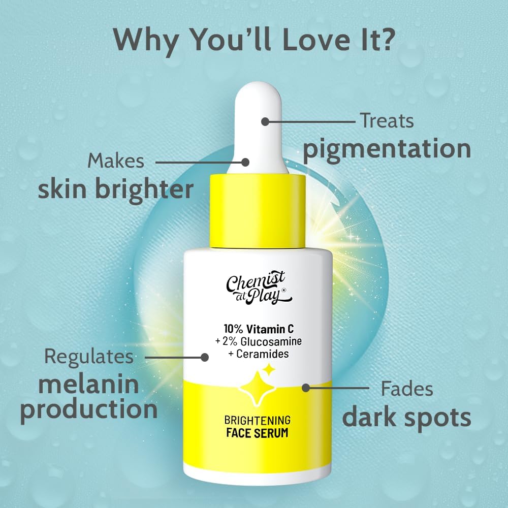 chemist at play 10% vitamin c face serum |brightens & gives glow |fades dark spots |treats hyperpigmentation| balances melanin production | ethyl ascorbic acid & glucosamine | for all skin types 30ml