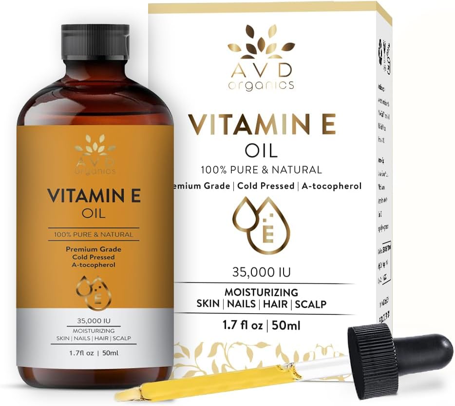 avd organics 100% pure vitamin e oil 35,000 iu | premium grade, cold pressed and tocopherol | for skin, face, body, hair & nail moisturiser 50ml