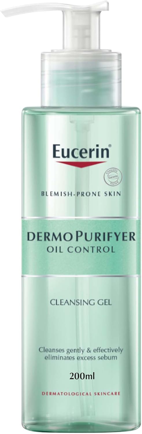 eucerin dermopurifyer oil control face cleansing gel, removes excess sebum, dirt and makeup, fragrance free, soap free, suitable for blemish and acne prone skin, 200ml