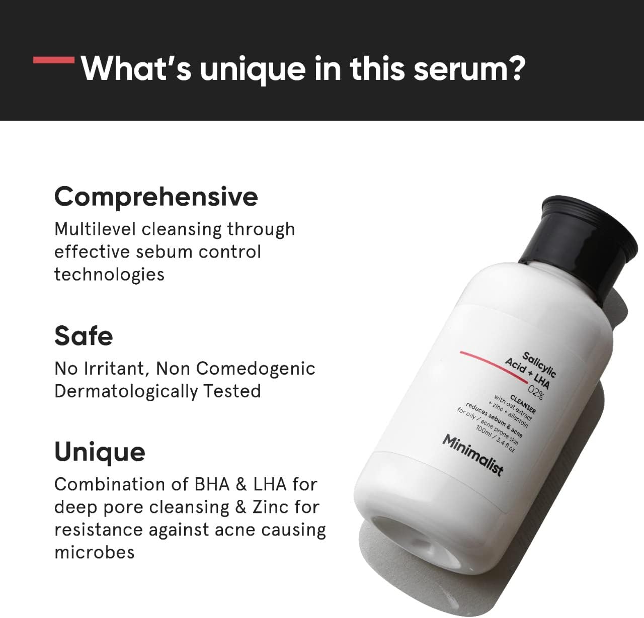 minimalist 2% salicylic acid face wash for oily, acne prone skin (100 ml) | sulphate free, anti acne face cleanser with lha & zinc for men & women