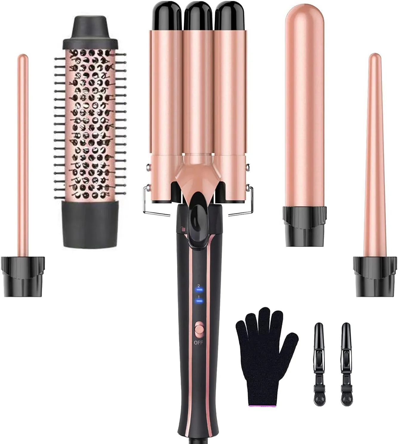3Clock Curling Iron Wand Set 5-in-1 - Barrel Hair Curler with 3 Barrel Hair Crimper, Tapered, Spiral Curling Iron - Fast Heating Travel Hot Styling Tools for Women