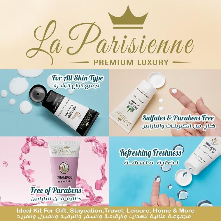 la parisienne premium luxury travel gold box, 30ml pack of 5 tubes (shampoo, conditioner, shower gel, body lotion & hand sanitizer) all skin types | unisex gift hamper for all festive occasions.