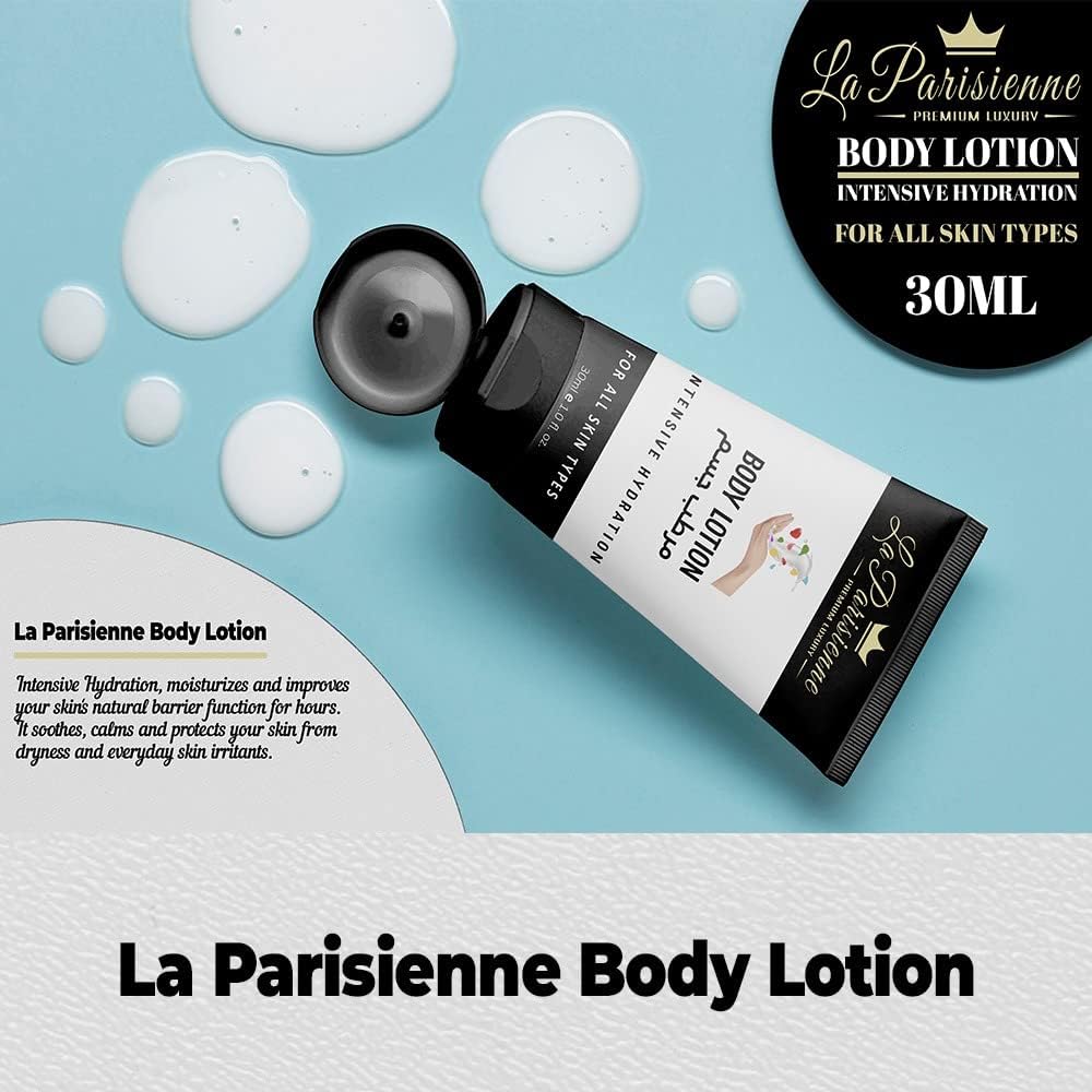 la parisienne premium luxury travel gold box, 30ml pack of 5 tubes (shampoo, conditioner, shower gel, body lotion & hand sanitizer) all skin types | unisex gift hamper for all festive occasions.