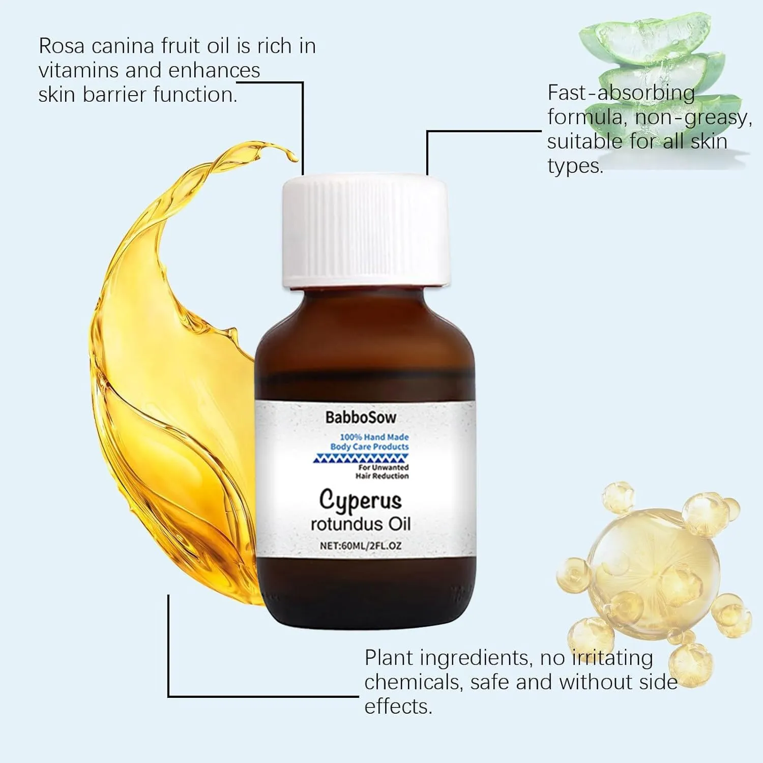 Nigwedete Cyperus Rotundus Oil Organic (60ml), Cyperus Oil 100% Natural Nut Grass Oil for Reducing Body Hair Growth, Smooth Skin & Hair Removal, Moisturizing & Soothing