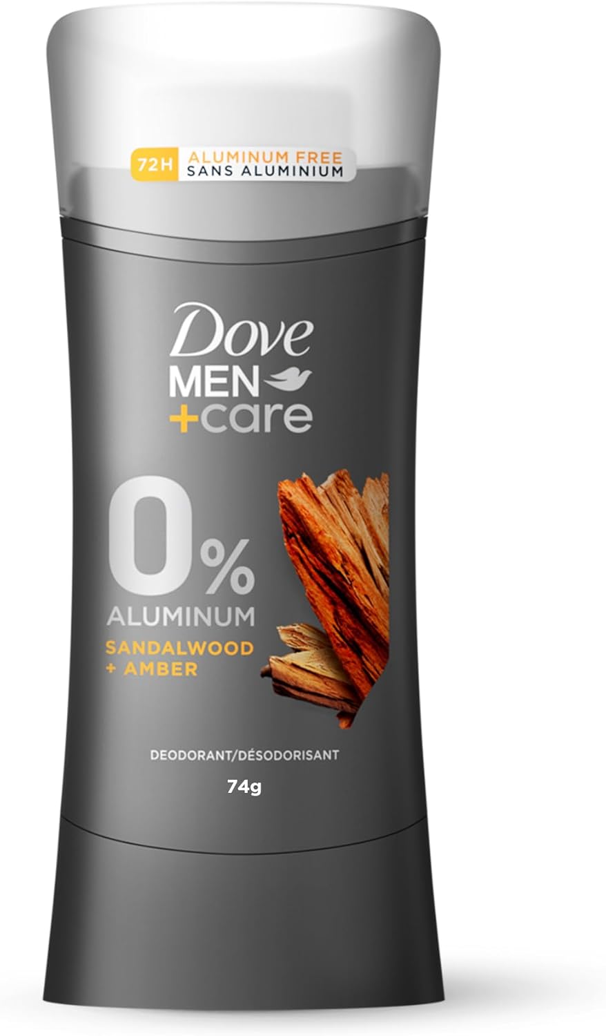 dove men + care men+care antiperspirant deodorant stick, sandalwood & amber, 72h protection, 0% aluminium, 74g