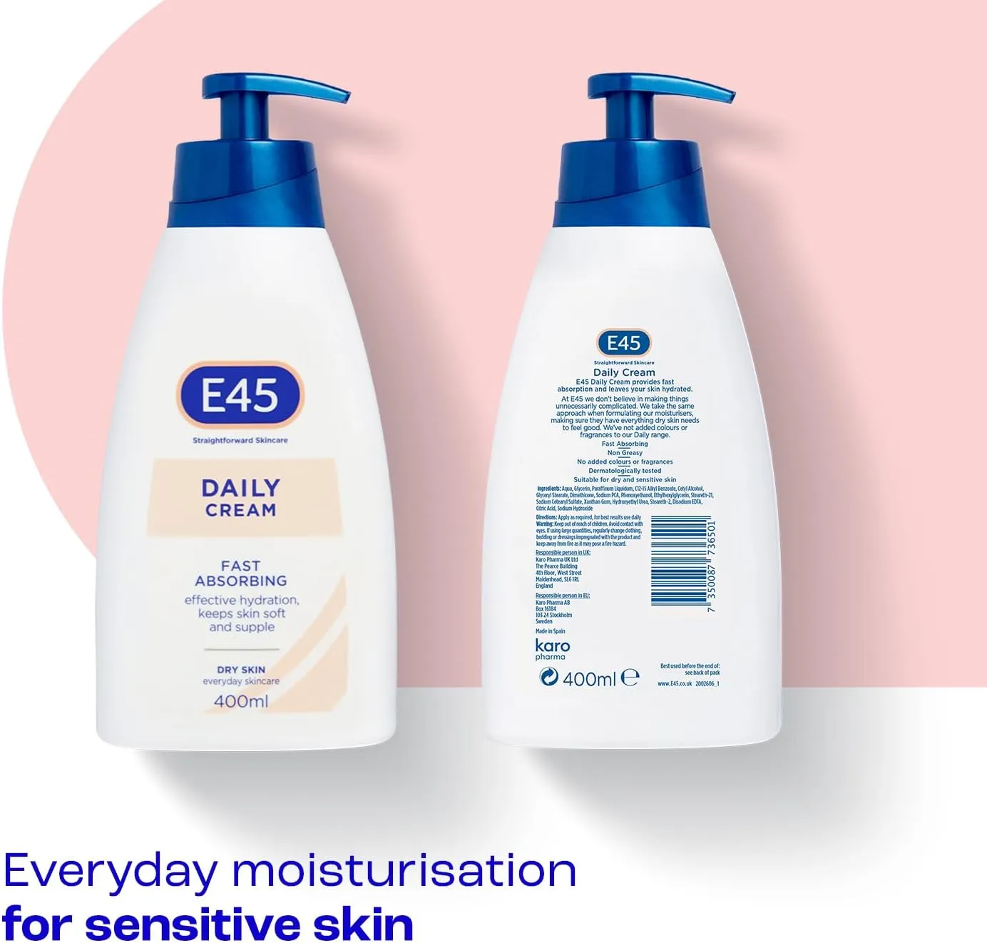 E45 Daily Hydrating Cream 400 ml for all Skin Types – Long Lasting Moisturisation - Non-Greasy Moisturiser and Fast Absorption - Perfume-Free Body Face Hand Cream - Dermatologically Tested