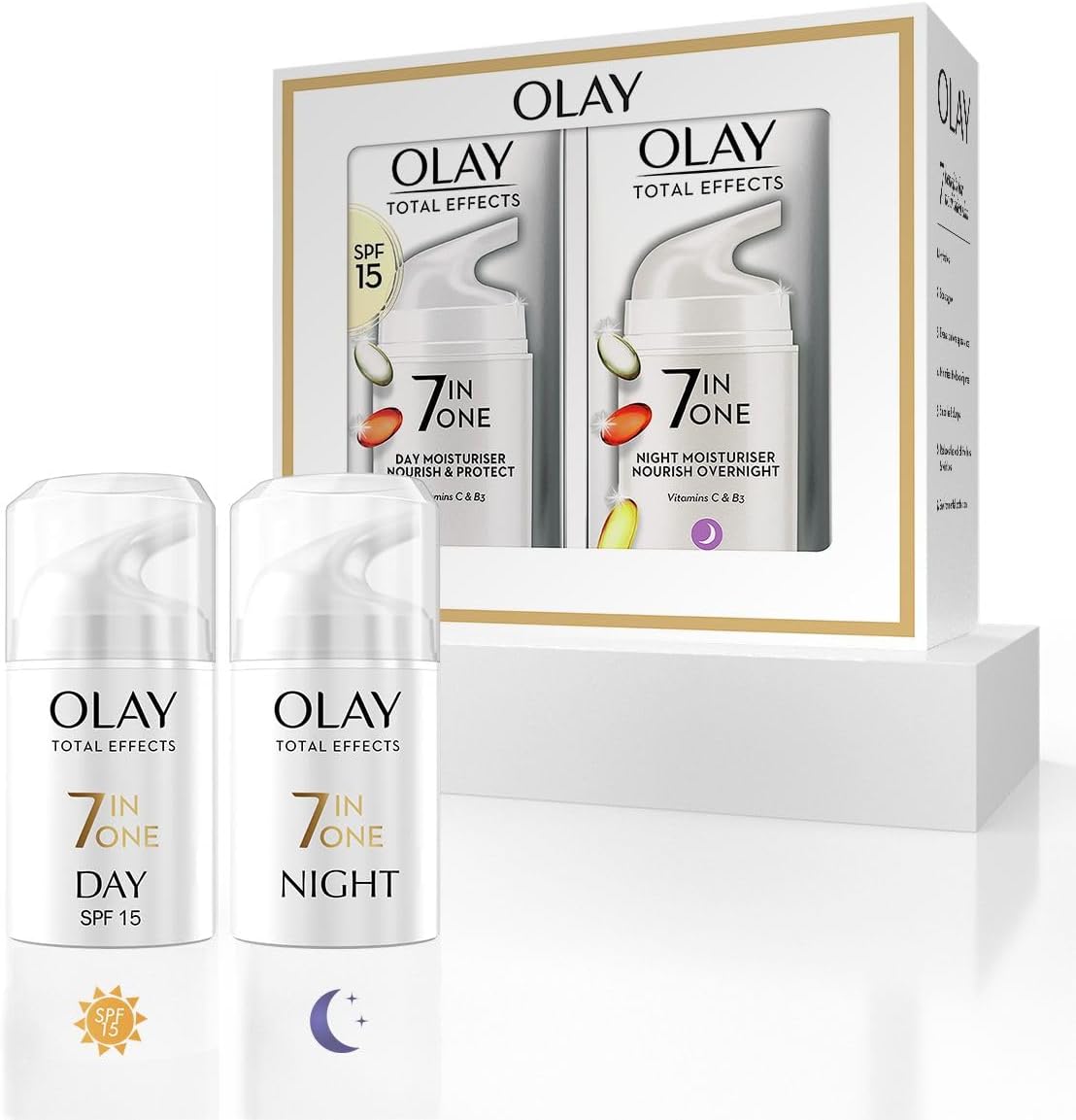 olay total effects anti ageing 7in1 gift set: day cream moisturiser 37ml, night cream firming moisturiser 37ml
