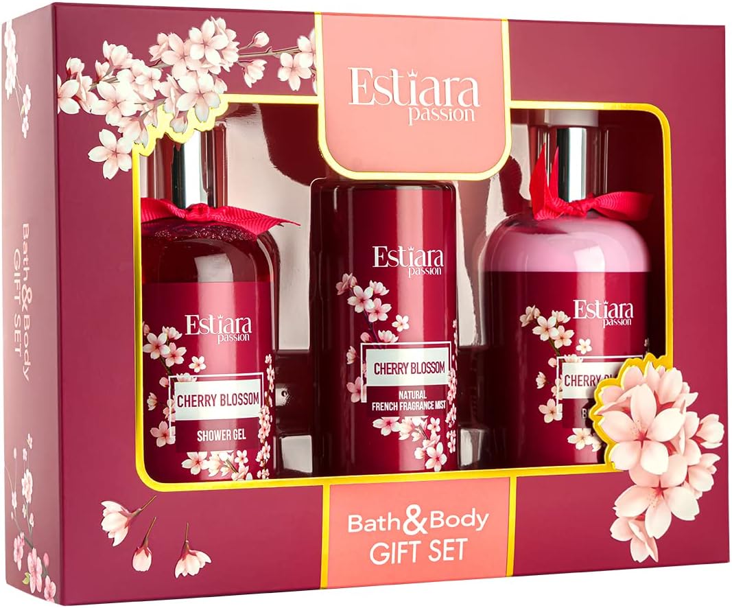 estiara passion cherry blossom bath & body beauty skincare 3 piece gift set red cherry blossom body lotion 350ml cherry blossom shower gel 350ml cherry blossom french fragrance mist 250ml